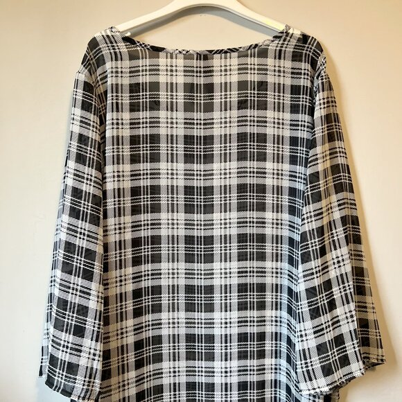 Sheer B&W Classic Plaid High Low Blouse - Picture 6 of 12